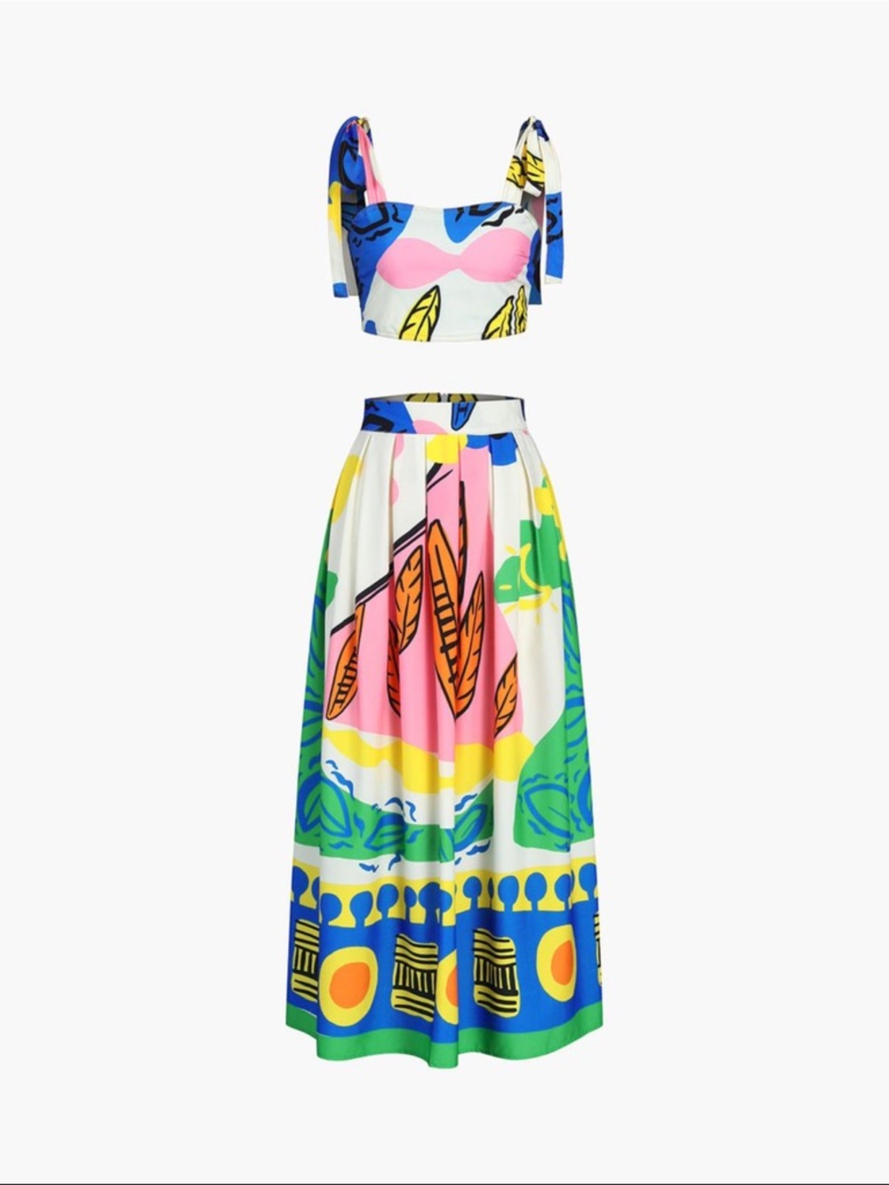 Commense Multicolor Printed Maxi Skirt Matching Set Top in Pink, Green & Blue